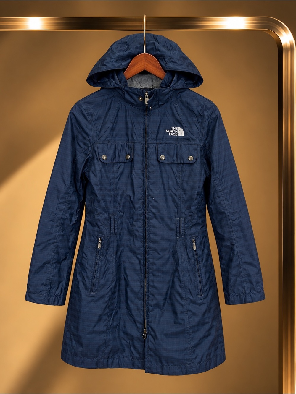 The North Face HyVent Long Hooded Rain Jacket Navy Plaid Waterproof Trench XS